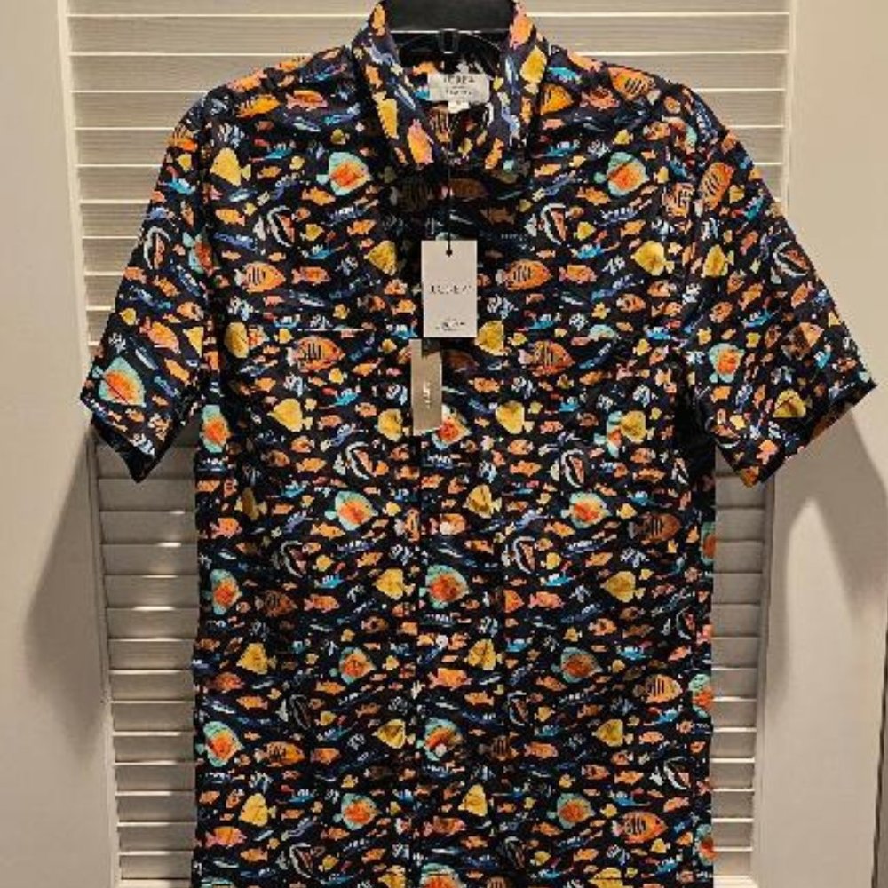 J. Crew Navy Short-Sleeve Button-Down with Multicolor Fish Print